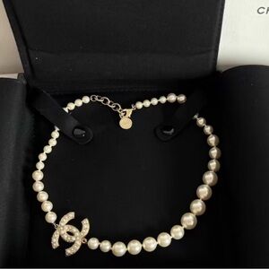 CHANEL Pearl Necklace with Crystal Emblem